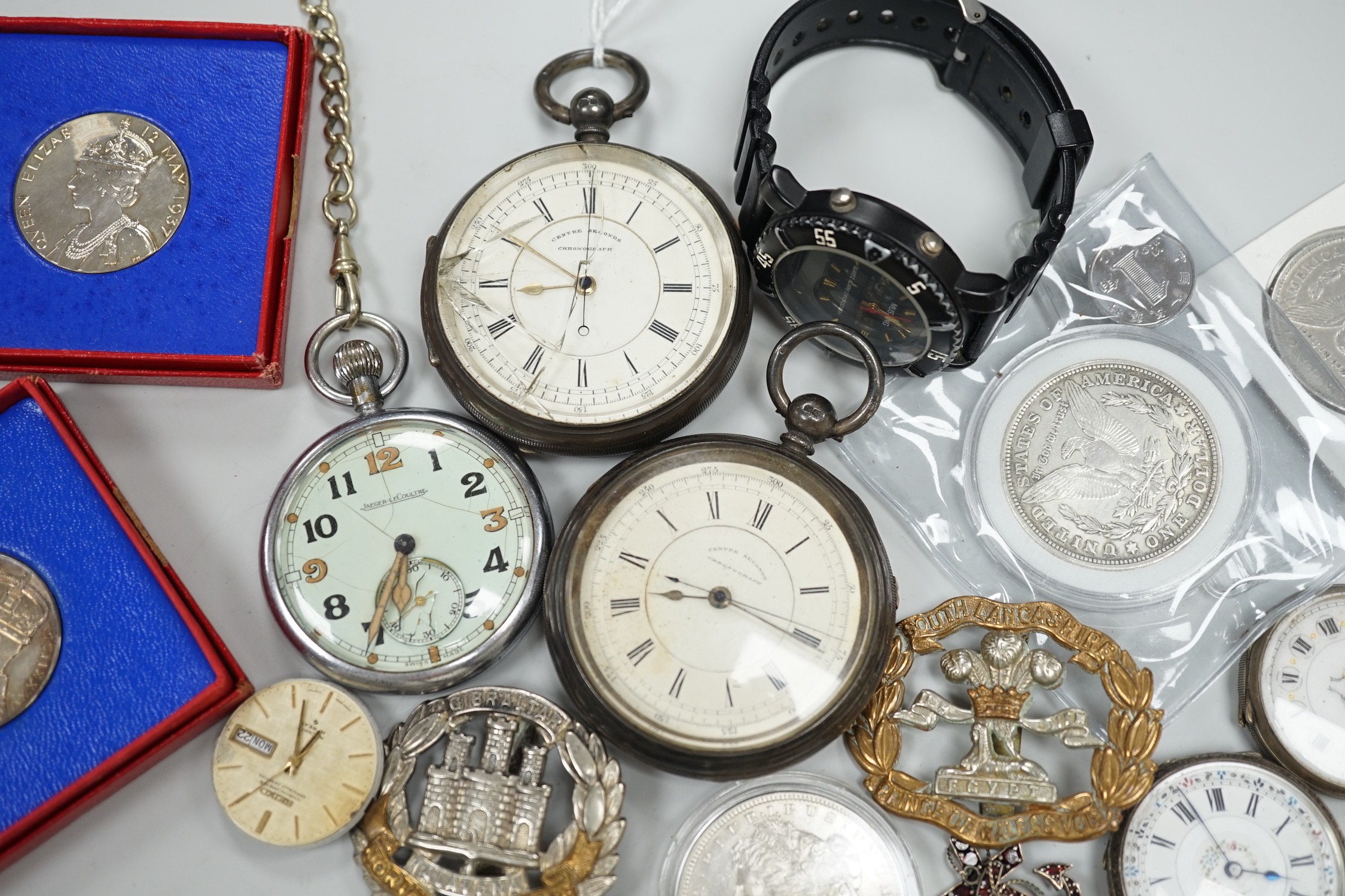 Assorted collectable items, including two silver open faced chronograph pocket watch, a chrome cased military Jaeger LeCoultre pocket watch, two wrist watches, two fob watches, assorted coins including US dollars, cap ba